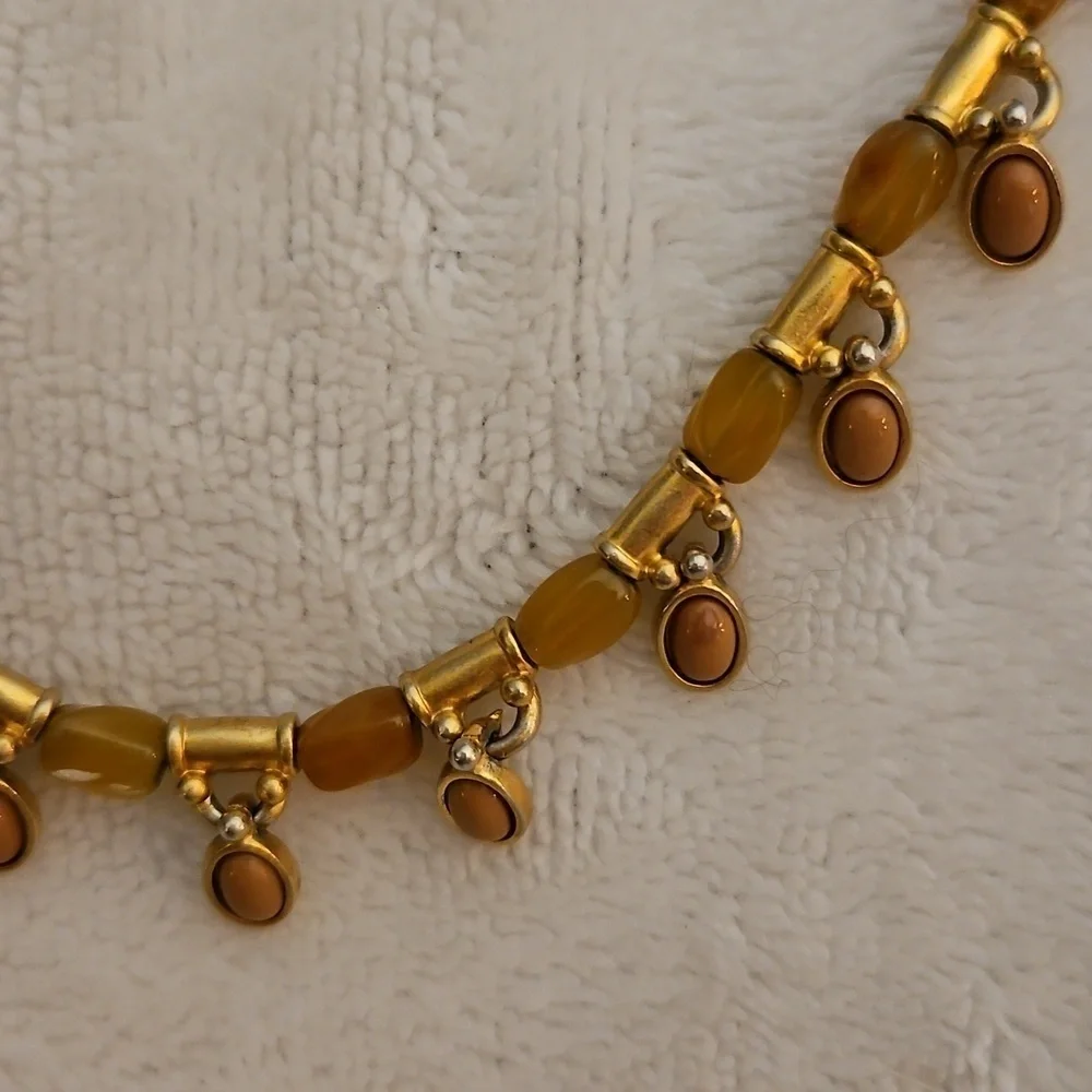 Vtg MONET Two-tone Matte Gold and Burnt Orange Beaded Charm Necklace